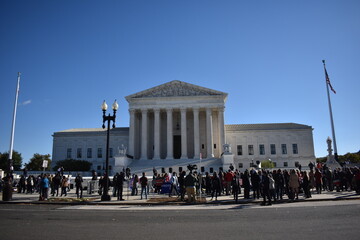 Washington, DC, USA - November 1, 2021: Press and Activists Gather Outside the U.S. Supreme Court While the High Court Hears Arguments on the Texas Abortion Law Inside - obrazy, fototapety, plakaty