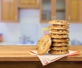 Tasty fresh sweet Oatmeal cookies on the desk