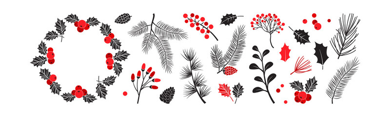 Christmas vector red and black decor elements. Wreath holly berry, winter plants, fir and pine cone, evergreen leaves branches isolated on white background. Holiday illustration - obrazy, fototapety, plakaty