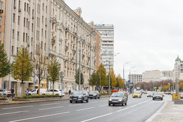 Moscow, Russia, Oct 15, 2021: Traffic at Garden ring (Sadovaya-Triumphalnaya street). Cloudy day in autumn