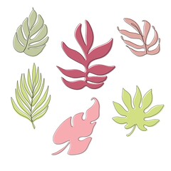Fototapeta na wymiar One line hand drawn leaves. Pink, green plants. Vector illustration set isolated on white background. 