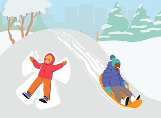 Happy Children Winter Activities. Little Friends Outdoor Leisure, Kids Riding Downhill the Slide Having Fun at Holidays