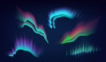 Aurora borealis polar lights set. Glowing in sky different shapes and color northern lights