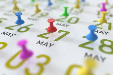 May 27 date and push pin on a calendar, 3D rendering