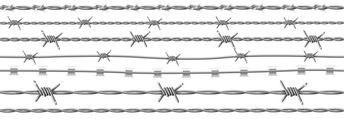 Steel barbwire set, wire with barbs. Realistic seamless metal chain for prison fence, security line - obrazy, fototapety, plakaty