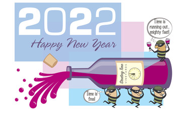 2022 happy new year concept of cartoon characters carrying bottle, celebrating with glass in hand