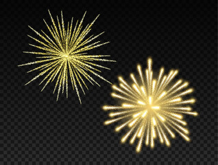 Golden fireworks, sparkles flashes over dark background for festive celebration, new year eve