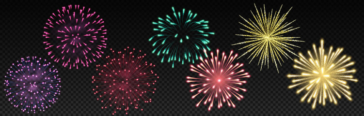 Realistic bright festive firework, big sparkling salute and flashes on transparent background