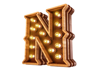 Letter N with realistic light bulbs and wood isolated on white background. 3D illustration