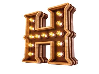 Letter H with realistic light bulbs and wood isolated on white background. 3D illustration