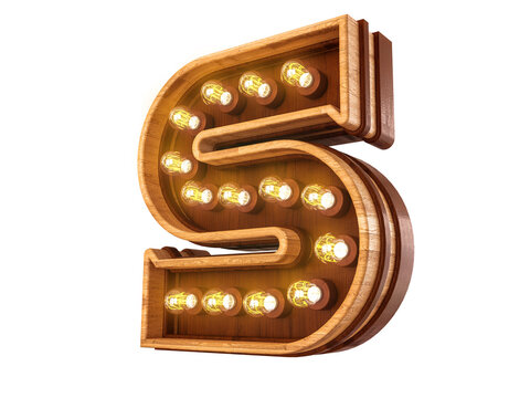 Letter S with realistic light bulbs and wood isolated on white background. 3D illustration