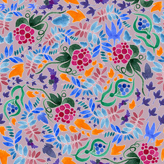 Floral pattern on a purple background.
