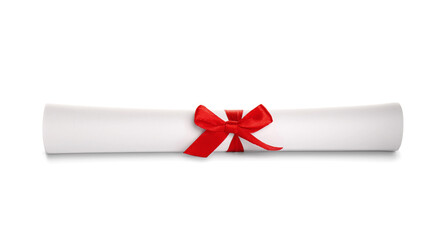 Rolled student's diploma with red ribbon isolated on white