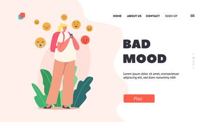Bad Mood Landing Page Template. Cyber Bullying, Abuse, Social Attack, Bully Hate. Girl Character Crying with Smartphone