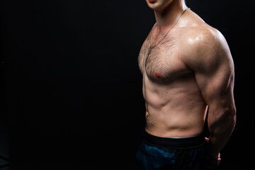 Fototapeta premium Man on black background keeps dumbbells pumped up in fitness bodybuilding sexy torso, muscular fitness athletic shirtless lifestyle. Attractive skin adult, gym fit hands behind your back, press tense