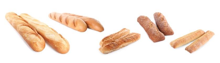 Set with freshly baked tasty baguettes on white background. Banner design