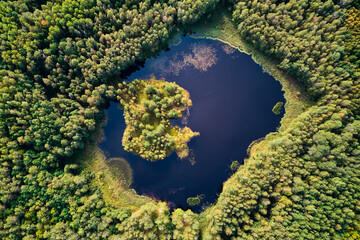 A view from a great height to a beautiful lake in the middle of a green forest, a lake on the site of the former peat mining