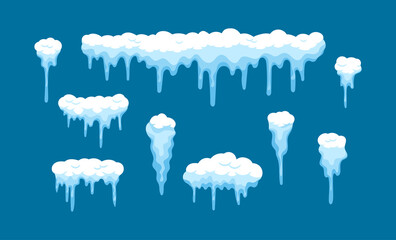 Set of Snow Caps, Borders with Icicles, Snowdrifts Collection. Winter Decoration, Snowy Elements, Winter Snowfall Hats