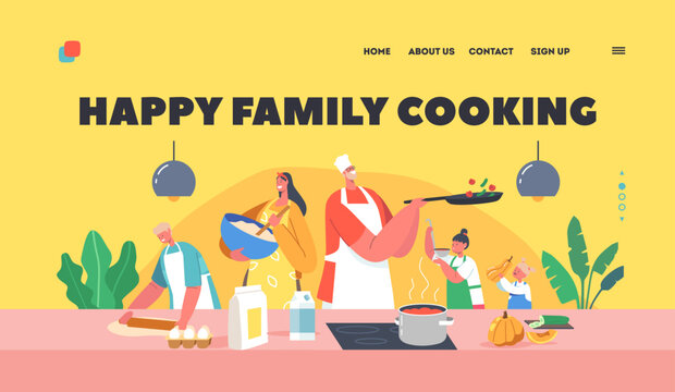 Happy Family Cooking Landing Page Template. Father, Mother and Kids on Kitchen Preparing Food, Parents and Children