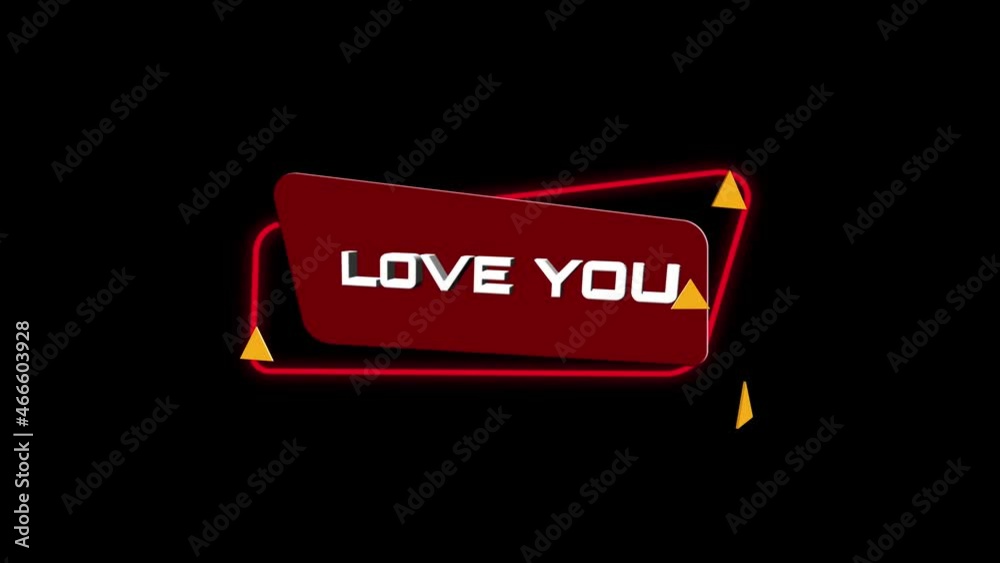 Poster 3d animation text Love you on trendy flat geometric banner. Flying and rotating object. 4K Video motion graphic animation.