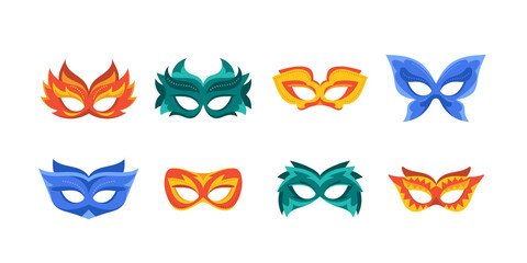 Set of Carnival Masks Isolated on White Background, Venice Masquerade Costume, Festival Celebration or Theatre Masks
