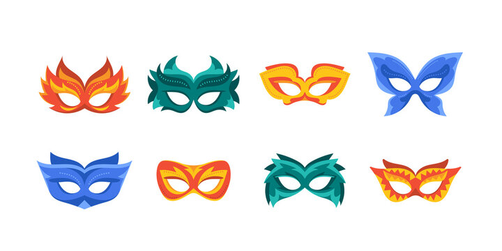 Set of Carnival Masks Isolated on White Background, Venice Masquerade Costume, Festival Celebration or Theatre Masks