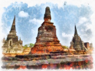 Ancient architecture of Thailand watercolor style illustration impressionist painting.