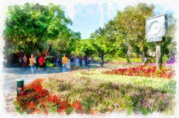 Obraz premium park landscape watercolor style illustration impressionist painting.