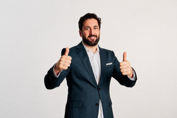 bearded adult male in jacket and shirt with copy space in a studio shot with white background. - 466605162