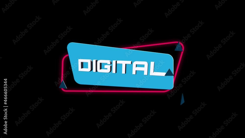 Aufkleber 3d animation text Digital on trendy flat geometric banner. Flying and rotating object. 4K Video motion graphic animation.