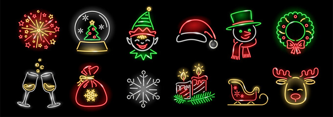 Set of neon Cristmas icons isolated on black background. Elf, deer, wreath, snowman, sleigh, snowflake, firework, candles. New Year, Xmas, winter holidays concept. Vector 10 EPS illustration.