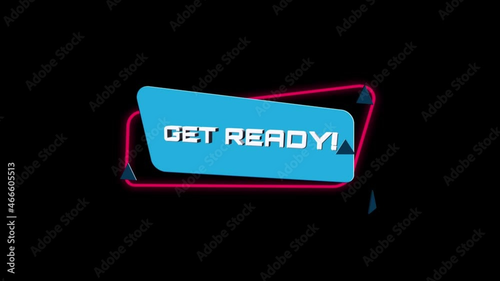 Poster 3d animation text Get ready on trendy flat geometric banner. Flying and rotating object. 4K Video motion graphic animation.