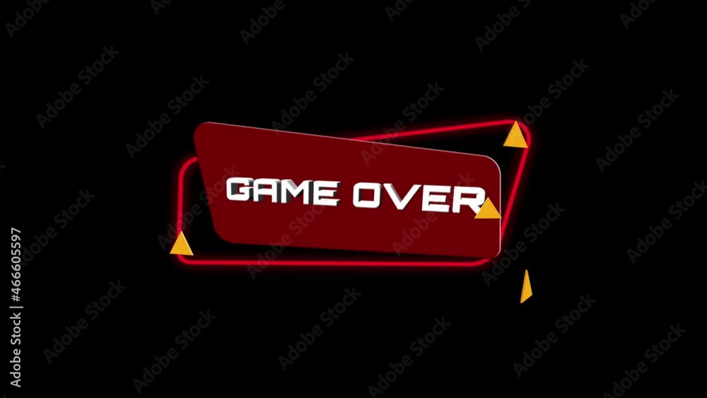 Poster 3d animation text Game over on trendy flat geometric banner. Flying and rotating object. 4K Video motion graphic animation.
