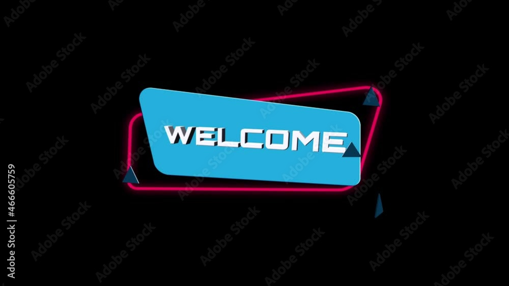 Poster 3d animation text Welcome on trendy flat geometric banner. Flying and rotating object. 4K Video motion graphic animation.