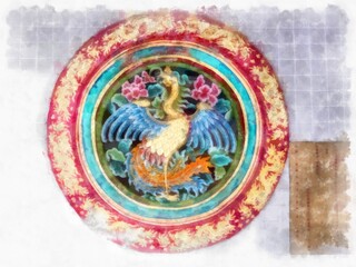 ancient chinese shrine watercolor style illustration impressionist painting.