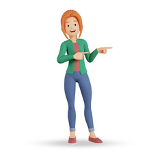 3d render female character pointing to the left pose