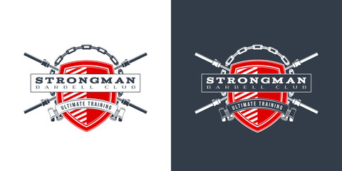 logo athletic club for bodybuilding, powerlifting, weightlifting, crossfit and fitness training. Barbell club logo vintage design isolated on background. Emblem for gym and heavy training of strongman - obrazy, fototapety, plakaty