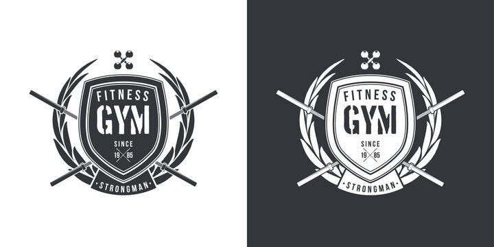 logo athletic club for bodybuilding, powerlifting, weightlifting, crossfit and fitness training. Barbell club logo vintage design isolated on background. Emblem for gym and heavy training of strongman