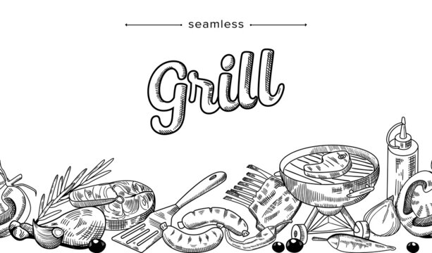 Grill Food Doodle Seamless Pattern. Monochrome Drawing with Meat or Fish Steaks, Sausages, Barbecue Machine, Turner