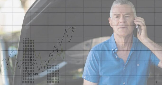 Animation of financial data processing over people people at the gas station