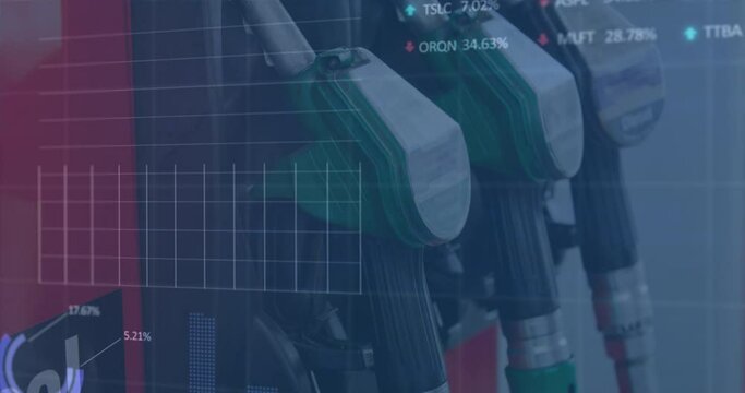 Animation of moving financial data processing over gus pump at gas station