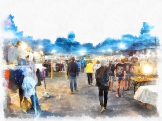 Night market in Thailand watercolor style illustration impressionist painting.