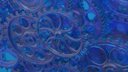 Mechanism clear blue gears and cogs at work on sky blue plate under spot light background. Industrial machinery. 3D illustration. 3D high quality rendering. 3D CG.