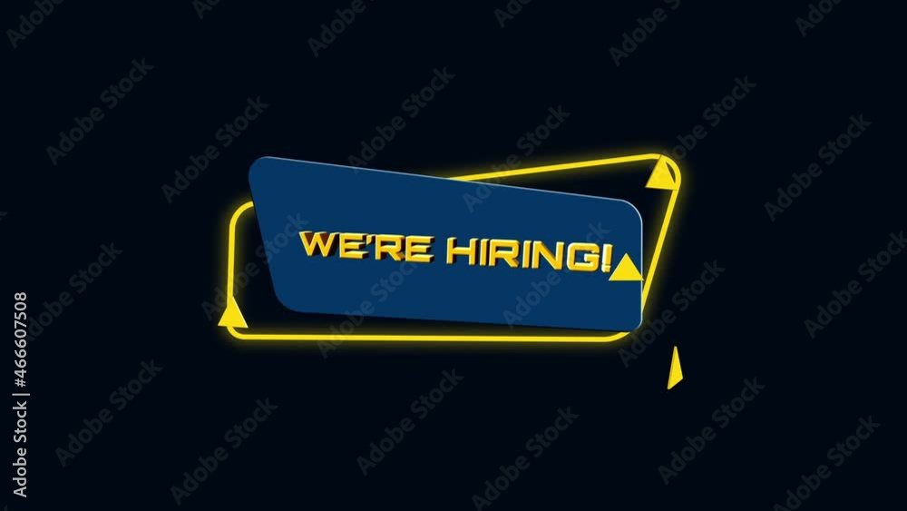 Poster 3d animation text we're hiring on trendy flat geometric banner. flying and rotating object. 4k video