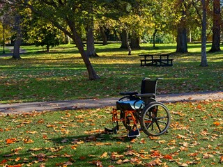 Empty wheelchair in the middle of the lawn covered with fallen leaves