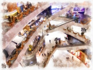 inside shopping mall watercolor style illustration impressionist painting.