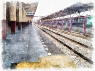 Obraz premium train station watercolor style illustration impressionist painting.