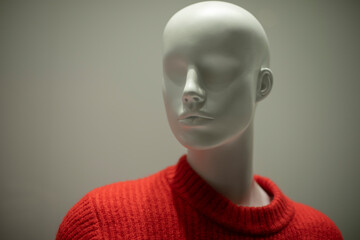 Mannequin in a red sweater. Shop window. Wool-bound clothing.