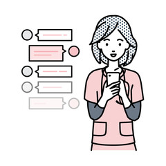立ってスマートフォンで楽しくチャットで会話する看護師の女性