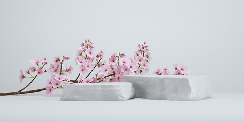 japanese style cosmetic background. stone podium and cherry blossom white background for product presentation. 3d rendering illustration.